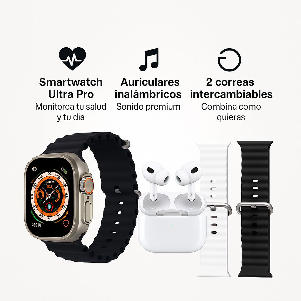 Pack Smartwatch Ultra + Auriculares AirBeat Pro + 2 Correas - Max Pack