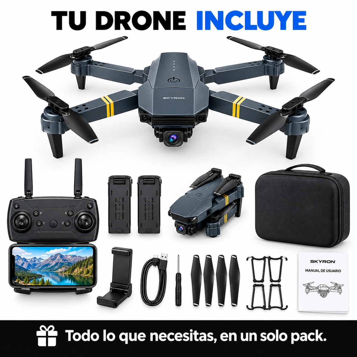 Dron con doble cámara 4K + Maletín Gratis + Batería Extra - Skyron
