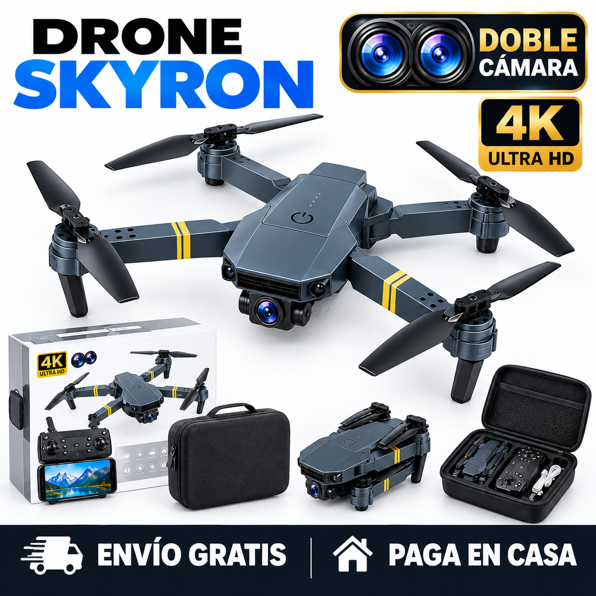 Dron con doble cámara 4K + Maletín Gratis + Batería Extra - Skyron