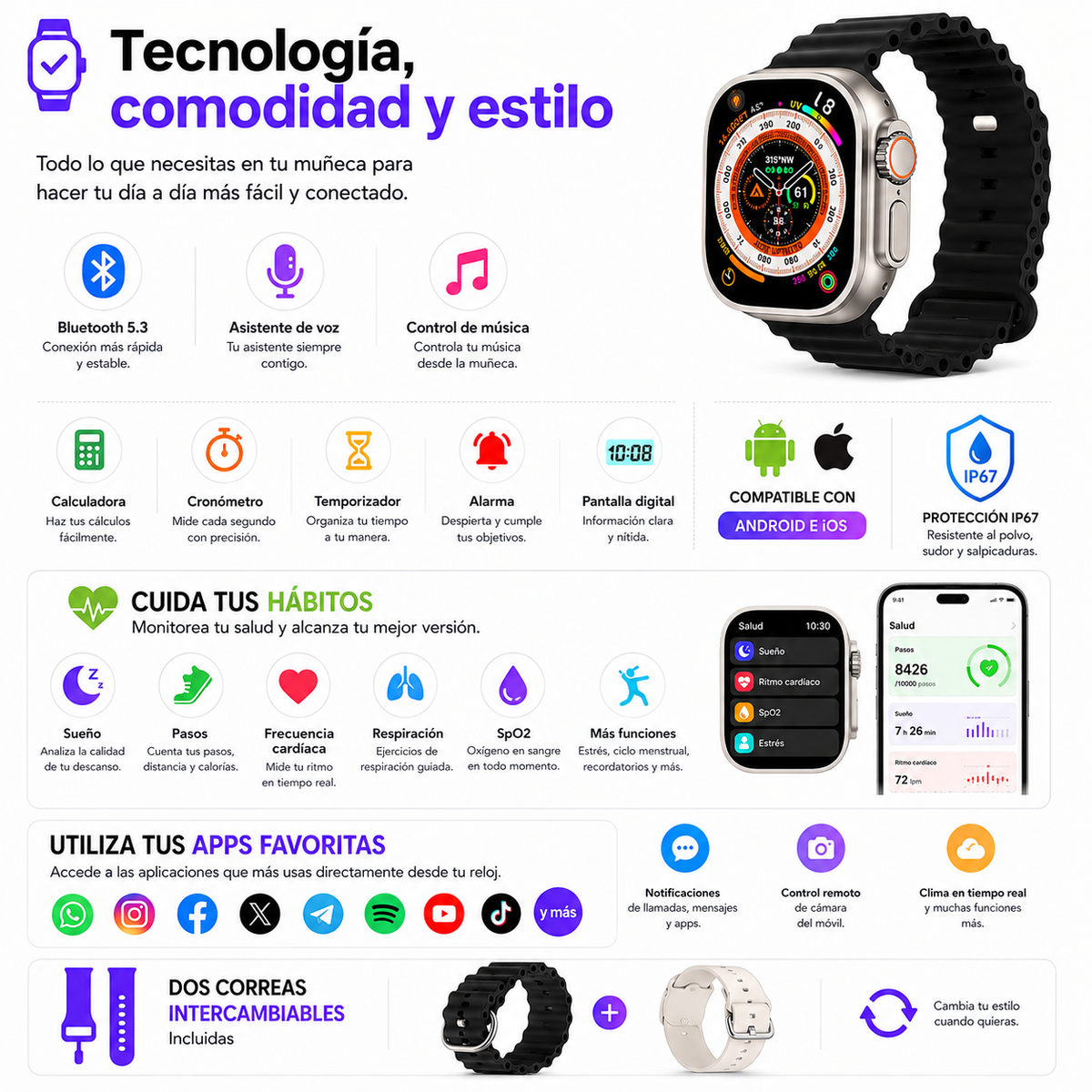 Pack Smartwatch Ultra + Auriculares AirBeat Pro + 2 Correas - Max Pack